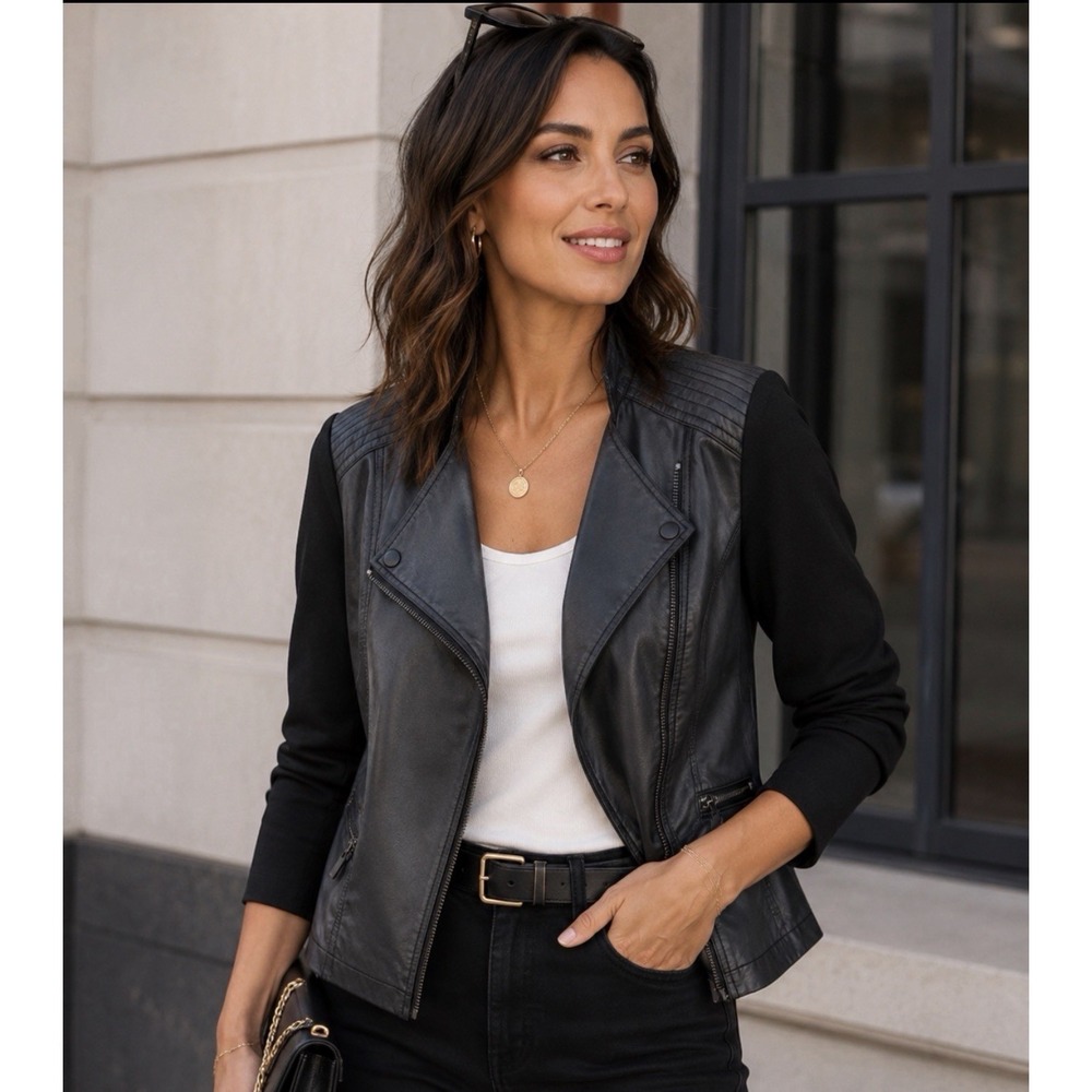 Alfani Faux Leather Moto Jacket Sz PS Black Trucker Asymmetric Zip Dressy/Casual